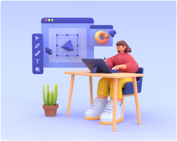 visual 3d graphics of a girl sitting on a table and doing graphic designing