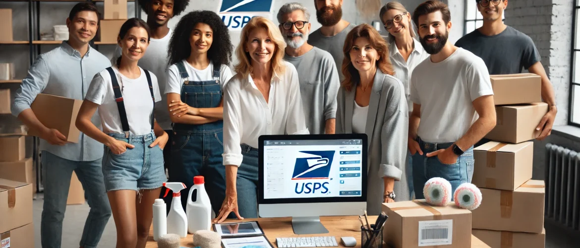 An American woman with her diverse team, including white Americans, setting up a USPS service for their cleaning business. The group is gathered in a office setting up unique selling points for their cleaning business