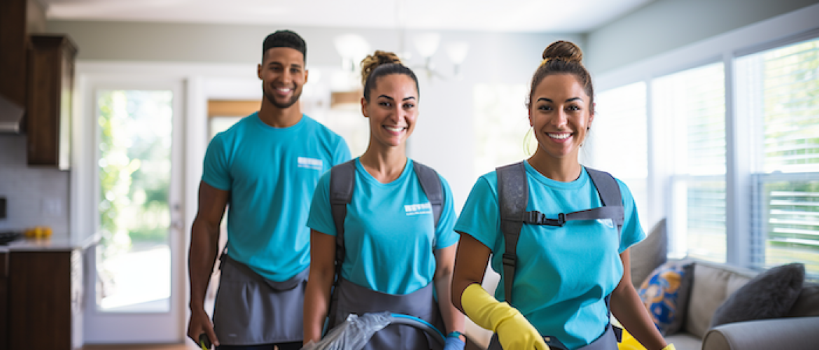 3 cleaning business employees smiling at the camera